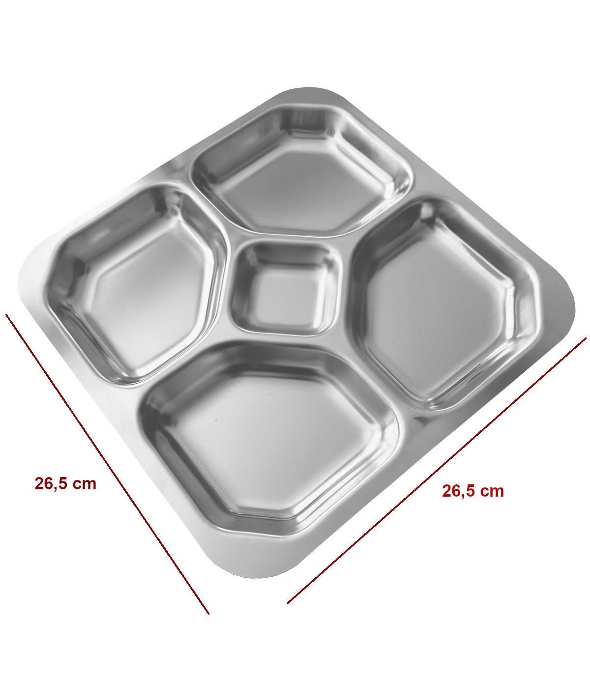 Stainless steel tray with 5 compartments 26,5 x 26,5 cm flat edge rounded  corners